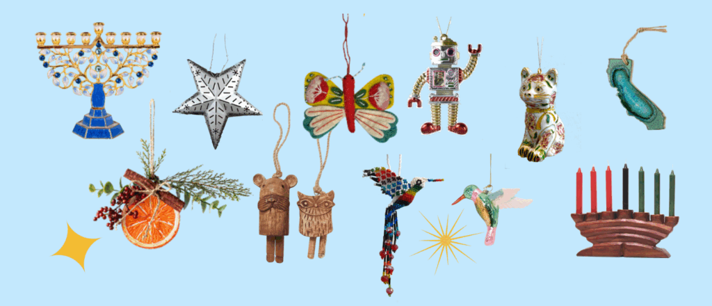 images of ornaments, stars, menorahs and kinaras