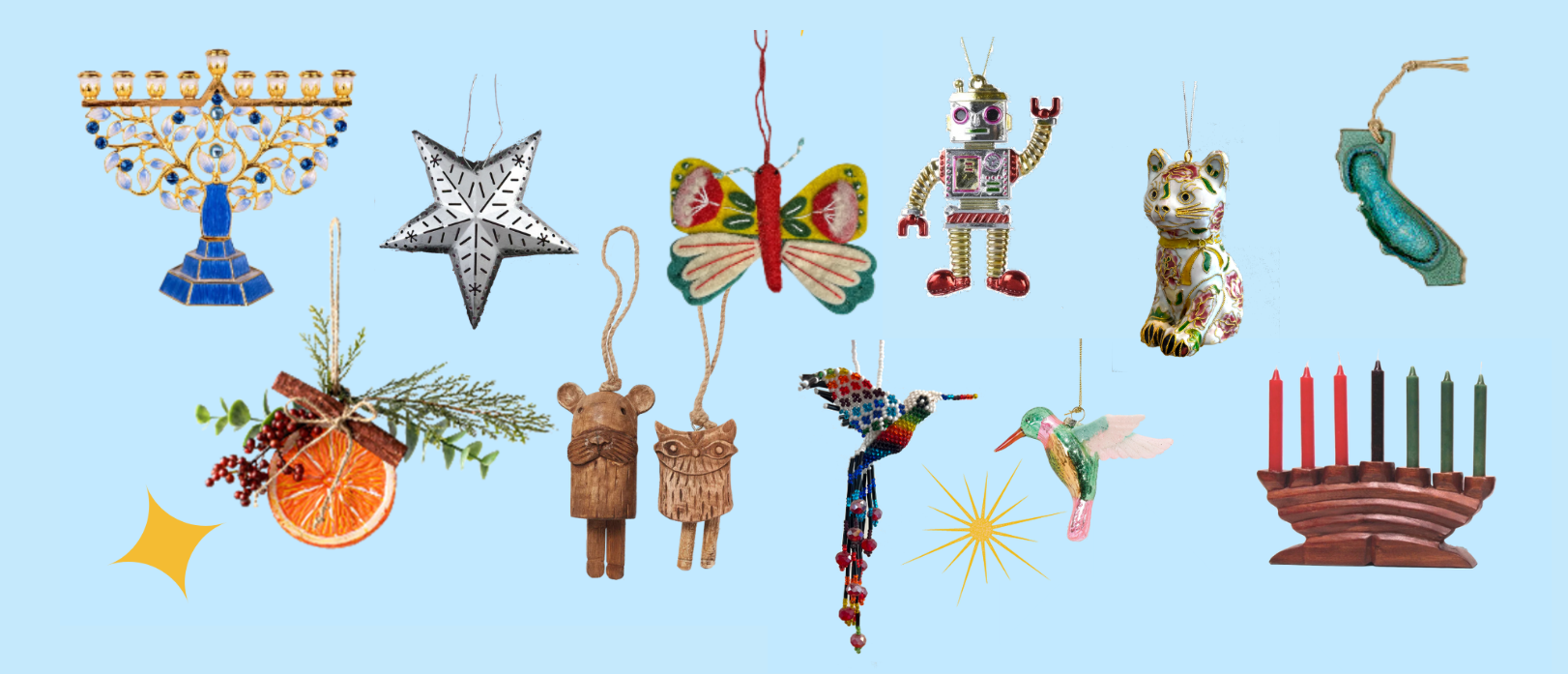 images of ornaments, stars, menorahs and kinaras