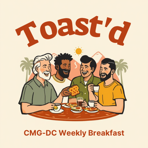 Image of a group of men of various ages and ethnicity at breakfast below the word Toast'd